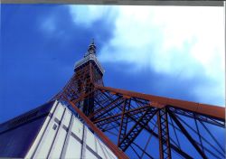 Rule 34 | absurdres, anchoku 0621, blue sky, cloud, day, from below, highres, no humans, original, scenery, sky, tokyo tower, tower, traditional media