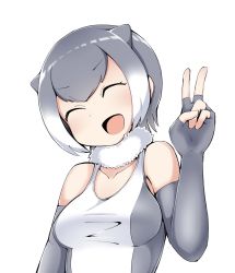 Rule 34 | 10s, 1girl, :d, ^ ^, animal ears, bad id, bad twitter id, bare shoulders, closed eyes, collarbone, commentary request, elbow gloves, extra ears, closed eyes, fingerless gloves, fur collar, gloves, grey hair, highres, kemono friends, menturm1120, multicolored hair, one-piece swimsuit, open mouth, otter ears, short hair, sleeveless, small-clawed otter (kemono friends), smile, solo, swimsuit, upper body, v, white hair