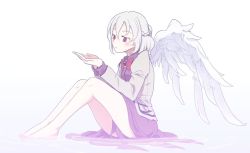 Rule 34 | 1girl, angel wings, arms up, barefoot, beige jacket, blush, bow, bowtie, braid, dress, feathered wings, french braid, hair between eyes, highres, joyfull (terrace), kishin sagume, long sleeves, palms, purple dress, red bow, red bowtie, red eyes, ripples, short hair, silver hair, simple background, single wing, sitting, solo, thighs, touhou, water, white background, wings