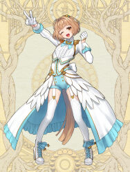 Rule 34 | 1girl, :d, ;d, arm up, beads, blue bow, blue bowtie, blue shorts, boots, bow, bowtie, brown hair, clenched hand, clothing request, collar, cross-laced footwear, dairoku ryouhei, eyelashes, frilled collar, frilled shirt, frilled sleeves, frills, full body, garter straps, gloves, hair beads, hair ornament, half gloves, hand up, high heel boots, high heels, kishiba yuusuke, legs apart, long sleeves, looking at viewer, one eye closed, open mouth, overskirt, shirt, shoes, short hair, short shorts, shorts, smile, solo, standing, thighhighs, w, white footwear, white gloves, white thighhighs