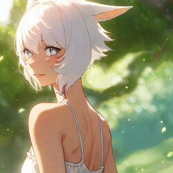 Rule 34 | 1girl, animal ears, bare shoulders, blurry, blurry background, commentary, dappled sunlight, dress, english commentary, facial mark, falling petals, final fantasy, final fantasy xiv, floating hair, grey eyes, hair between eyes, light blush, looking at viewer, looking back, lyra-kotto, miqo&#039;te, neck tattoo, outdoors, parted lips, petals, short hair, sleeveless, sleeveless dress, smile, solo, summer, sunlight, tattoo, upper body, whisker markings, white dress, white hair, wind, y&#039;shtola rhul