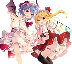 Rule 34 | 2girls, ascot, bat wings, black legwear, blue hair, blush, brooch, crystal, fang, feet out of frame, flandre scarlet, hair between eyes, hat, highres, holding, holding stuffed toy, jewelry, long hair, mob cap, multiple girls, one side up, open mouth, pink headwear, pink skirt, pink vest, puffy short sleeves, puffy sleeves, purple hair, red ascot, red eyes, red skirt, red vest, red wrist cuffs, remilia scarlet, ruhika, short hair, short sleeves, siblings, simple background, sisters, skirt, smile, stuffed animal, stuffed rabbit, stuffed toy, thighhighs, touhou, twitter username, vest, white background, white headwear, wings, wrist cuffs