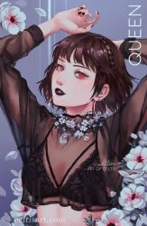 1girl arms_up black_nails bra braid brown_hair celtisart crown_braid earrings eyelashes flower hoop_earrings jewelry lips lipstick makeup nail_polish niijima_makoto persona persona_5 red_eyes see-through_clothes simple_background underwear upper_body