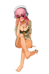 Rule 34 | 1girl, absurdres, amaotorara (raincraft), barefoot, bikini, bikini under clothes, blush, breasts, cherry, cleavage, food, food on body, fruit, headphones, highres, jewelry, large breasts, licking lips, long hair, looking at viewer, multicolored stripes, necklace, nitroplus, off shoulder, pearl necklace, pink hair, red eyes, smile, solo, striped bikini, striped clothes, super sonico, swimsuit, swimsuit under clothes, tongue, tongue out, whipped cream