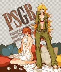 Rule 34 | 1boy, 1girl, aftersex, bed sheet, blonde hair, blush, brief (psg), clothed female nude male, cosplay, costume switch, covering privates, licking lips, naked sheet, nude, open clothes, open shirt, panty &amp; stocking with garterbelt, panty (psg), ruined for marriage, shirt, shy, tissue, tongue, tongue out, used tissue