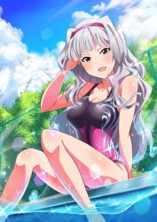 Rule 34 | 1girl, bad id, bad twitter id, blush, breasts, diffraction spikes, garana, hairband, idolmaster, idolmaster (classic), large breasts, lens flare, light rays, long hair, one-piece swimsuit, pool, purple eyes, shijou takane, silver hair, soaking feet, solo, sparkle, swimsuit