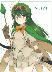 Rule 34 | 1girl, arrow (projectile), bow, bow (weapon), brown gloves, cape, creatures (company), decidueye, game freak, gen 7 pokemon, gloves, goggles, goggles on head, green cape, green hair, hair between eyes, highres, holding, holding arrow, nintendo, ougi hina, personification, pokedex number, pokemon, simple background, skirt, solo, standing, weapon, white background, white skirt, yellow eyes