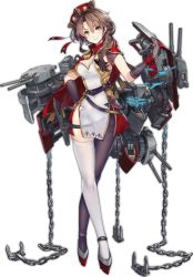 Rule 34 | 1girl, aircraft, airplane, asymmetrical legwear, azur lane, black gloves, black thighhighs, breasts, brown hair, cape, chain, cleavage, crossed legs, dress, elbow gloves, exeter (azur lane), eyelashes, full body, gloves, green eyes, grey footwear, hair between eyes, hair intakes, hand on own hip, headdress, long hair, machinery, medium breasts, mkiiiiii, official art, pelvic curtain, red cape, remodel (azur lane), see-through, skindentation, solo, standing, tachi-e, thigh gap, thigh strap, thighhighs, transparent background, turret, uneven legwear, v-shaped eyebrows, watson cross, white thighhighs