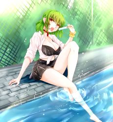 Rule 34 | 1girl, absurdres, bikini, black bra, black skirt, bra, breasts, cleavage, collar, food, frills, green background, green hair, hair between eyes, highres, holding, holding food, itocoh, kazami yuuka, large breasts, legs, looking at viewer, melting, navel, open clothes, open mouth, open shirt, plaid, plaid skirt, poolside, popsicle, red collar, red eyes, red neckwear, revealing clothes, saliva, saliva trail, sexually suggestive, shirt, sitting, skirt, sleeves rolled up, solo, swimsuit, thighs, tied shirt, tongue, tongue out, torn bra, torn clothes, touhou, underwear, water, white shirt