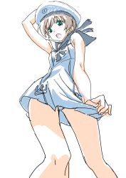 Rule 34 | 10s, 1girl, :o, aqua eyes, bare shoulders, clothes pull, cowboy shot, dress, dress pull, from below, gonzui (hojo), grey hair, hat, kantai collection, panties, pantyshot, sailor dress, sailor hat, short hair, simple background, sleeveless, sleeveless dress, solo, underwear, upskirt, white background, white dress, white hat, white panties, z1 leberecht maass (kancolle)