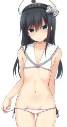 Rule 34 | 1girl, alternate costume, arm behind back, asashio (kancolle), bare arms, bare shoulders, bikini, black hair, blue eyes, bow, breasts, character name, closed mouth, clothes writing, collarbone, commentary request, cosplay, dress, flat chest, hair ornament, hat, kantai collection, long hair, looking at viewer, nagami yuu, navel, panties, sailor bikini, sailor collar, sailor dress, sailor hat, side-tie bikini bottom, simple background, smile, solo, swimsuit, underwear, white background, white bikini, white hat, white panties, z3 max schultz (kancolle), z3 max schultz (kancolle) (cosplay)