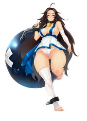 Rule 34 | 1girl, absurdres, aged up, ahoge, ball and chain (weapon), bandaged arm, bandages, bare shoulders, breasts, breasts apart, brown eyes, brown hair, cameltoe, chang koehan, genderswap, genderswap (mtf), highres, large breasts, long hair, looking at viewer, parted lips, running, solo, the king of fighters, thighs, very long hair