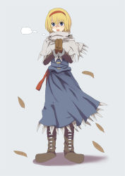Rule 34 | 1girl, alice margatroid, blonde hair, blue eyes, blush, boots, breath, coat, female focus, full body, gloves, hairband, leaf, mieharu, mittens, scarf, short hair, simple background, solo, standing, touhou