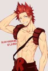 Rule 34 | 10s, 1boy, abs, boku no hero academia, character name, grey background, kirishima eijirou, male focus, red eyes, red hair, topless male, simple background, solo, spiked hair, teeth, zhineart