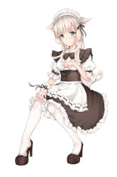 Rule 34 | 1girl, absurdres, alternate costume, animal ears, apron, bad id, bad pixiv id, black dress, black ribbon, blue eyes, blush, bow, bowtie, breasts, cat ears, cat tail, dress, enmaided, facial mark, fang, final fantasy, final fantasy xiv, frilled apron, frilled dress, frills, full body, grey hair, hair ornament, hair ribbon, high heels, highres, looking at viewer, maid, maid headdress, medium breasts, miqo&#039;te, paw pose, puffy short sleeves, puffy sleeves, ribbon, scrunchie, shoes, short hair, short hair with long locks, short sleeves, simple background, solo, tail, waist apron, whisker markings, white apron, white background, white legwear, wrist scrunchie