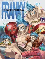 Rule 34 | 1boy, abs, age progression, amai ring0, blue eyes, blue hair, chain necklace, character name, closed eyes, commentary request, dated, franky (one piece), goggles, goggles on head, gold necklace, green shorts, grin, happy birthday, jewelry, male focus, multiple views, necklace, one eye closed, one piece, orange shirt, pectorals, shirt, short hair, shorts, sitting, smile, star (symbol), sunglasses, teeth