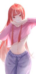 Rule 34 | 1girl, absurdres, ahoge, alternate costume, crop top, cropped sweater, grey pants, head tilt, highres, hololive, hololive indonesia, kureiji ollie, long hair, looking at viewer, midriff, navel, olivia (kureiji ollie), own hands together, pants, pink sweater, red eyes, red hair, robbilgigih, smile, solo, sweater, sweatpants, very long hair, virtual youtuber, white background