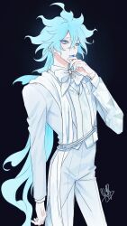 Rule 34 | 1boy, black background, blue eyeshadow, blue hair, blue lips, bow, bowtie, brooch, closed mouth, coat, collared shirt, commentary request, contrapposto, cowboy shot, crossed bangs, eyeshadow, fiery hair, gem, hair between eyes, hand up, highres, idia shroud, jewelry, khr, long hair, long sleeves, makeup, male focus, open clothes, open coat, pants, shirt, sidelocks, signature, simple background, solo, standing, twisted wonderland, very long hair, vest, white bow, white bowtie, white coat, white gemstone, white pants, white shirt, white vest, yellow eyes