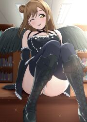 Rule 34 | 1girl, :p, absurdres, black dress, black footwear, black gloves, black thighhighs, black wings, bookshelf, boots, brown hair, commentary request, counter, dress, elbow gloves, fake wings, gloves, gothic lolita, hair bun, highres, indoors, kunikida hanamaru, lolita fashion, long hair, looking at viewer, love live!, love live! sunshine!!, one eye closed, panties, single hair bun, sitting, smile, solo, thighhighs, tongue, tongue out, underwear, white panties, wings, yellow eyes, zanpon