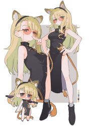 Rule 34 | 1girl, animal ear fluff, animal ears, bare shoulders, black dress, black footwear, black hairband, blonde hair, blue eyes, boots, breasts, chibi, china dress, chinese clothes, dress, finger to mouth, hairband, hands on own hips, holding, kasa (hitori sanka), long hair, medium breasts, multiple views, open mouth, original, parted lips, simple background, sleeveless, sleeveless dress, tail, tinted eyewear