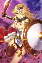 Rule 34 | 1girl, :o, armor, black thighhighs, blonde hair, breasts, dress, dutch angle, faulds, green eyes, headpiece, holding, holding shield, holding sword, holding weapon, large breasts, long hair, looking at viewer, official art, open mouth, outdoors, sangoku romance, shield, short dress, single thighhigh, solo, sword, thighhighs, thighlet, v-shaped eyebrows, weapon, white dress, yangsion