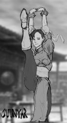 Rule 34 | 1girl, absurdres, capcom, chinese clothes, chun-li, greyscale, highres, illustraton, juunyar, legs up, monochrome, non-web source, self-upload, street fighter, stretching, variant, white footwear