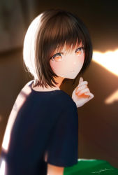 Rule 34 | 1girl, absurdres, black shirt, blurry, blurry background, blush, bob cut, brown eyes, brown hair, highres, indoors, looking at viewer, looking back, ojay tkym, original, parted lips, shirt, short hair, signature, solo