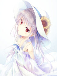 Rule 34 | 1girl, alternate costume, arms behind back, bare shoulders, blue ribbon, braid, breasts, coffee1223, commentary request, crown braid, dress, flower, from above, grey hair, hair between eyes, hair ribbon, hat, hat flower, highres, light blush, long hair, looking at viewer, looking up, nose, parted lips, red eyes, ribbon, sakurakouji luna, simple background, sleeveless, sleeveless dress, small breasts, smile, solo, sundress, sunflower, tsuki ni yorisou otome no sahou, very long hair, white background, white dress, white hat