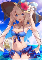 Rule 34 | 1girl, :d, arm up, ball, bare shoulders, beachball, bikini, blue bikini, blue bow, blue eyes, blue sky, blush, bow, breasts, cloud, collarbone, commentary request, cowboy shot, day, fate/grand order, fate (series), flower, front-tie bikini top, front-tie top, fujikiri yana, groin, hand on headwear, hat, hat bow, hat flower, highres, horizon, jewelry, long hair, looking at viewer, marie antoinette (fate), marie antoinette (swimsuit caster) (third ascension) (fate), medium breasts, navel, necklace, ocean, open mouth, outdoors, pearl necklace, red flower, round teeth, sidelocks, signature, silver hair, sky, smile, solo, striped, striped bow, sun hat, sunlight, swimsuit, teeth, thigh grab, twintails, upper teeth only, very long hair, water, white flower