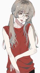 1girl :p bare_arms copyright_request ebanoniwa freckles glasses grey_hair head_tilt highres long_hair looking_at_viewer piercing red_shirt round_eyewear shirt simple_background solo tongue tongue_out tongue_piercing twintails white_background yellow_eyes