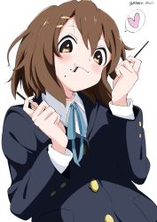Rule 34 | 1girl, absurdres, blazer, blue jacket, blue ribbon, brown eyes, brown hair, closed mouth, collared shirt, commentary request, food, food in mouth, food on face, hair between eyes, hair ornament, hairclip, hands up, heart, highres, hirasawa yui, jacket, k-on!, light blush, long sleeves, looking at viewer, medium hair, neck ribbon, pocky, ribbon, sakuragaoka high school uniform, school uniform, shirt, simple background, solo, spoken heart, twitter username, upper body, white background, white gorilla (okamoto), white shirt