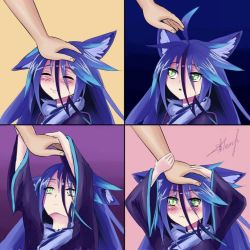Rule 34 | 1girl, 4koma, animal ear fluff, animal ears, blush, breast tattoo, comic, disembodied hand, ear down, electricity, green eyes, hand on another&#039;s head, headpat, lightning ahoge, long sleeves, monster girl, monster girl encyclopedia, monster girl encyclopedia ii, out of frame, panels, pastel colors, purple hair, raiju (monster girl encyclopedia), smile, solo focus, tattoo, unaligned ears, valldor, weasel ears