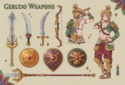 Rule 34 | 1boy, 64ibon, abs, armor, belt, blonde hair, bow (weapon), capri pants, closed mouth, color guide, commentary request, hand on own hip, hand up, highres, leg armor, link, male focus, medium hair, navel, nintendo, pants, pointy ears, polearm, red pants, sheath, shield, shoulder armor, single sleeve, sparkle, standing, strap, sword, the legend of zelda, unsheathing, weapon