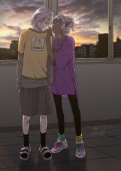 Rule 34 | 2boys, androgynous, arms at sides, asymmetrical footwear, asymmetrical legwear, bandaid, bandaid on leg, black leggings, black socks, casual, contemporary, cross-laced footwear, dungeon meshi, elf, flip-flops, full body, green socks, grey hair, grey shirt, grey shorts, hair between eyes, hand up, head tilt, highres, indoors, layered sleeves, leggings, long sleeves, looking at viewer, male focus, mismatched footwear, mismatched legwear, mithrun, multiple boys, multiple scars, notched ear, open mouth, pointy ears, purple eyes, purple shirt, sandals, scar, scar on leg, shirt, shoes, short hair, short over long sleeves, short sleeves, shorts, sky, sneakers, socks, standing, thistle (dungeon meshi), tile floor, tiles, twilight, undershirt, updo, warlock1000, whispering, window, yellow shirt, yellow socks