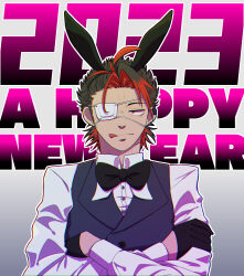 Rule 34 | 1boy, absurdres, ahoge, animal ears, black bow, black bowtie, black hair, black vest, bow, bowtie, crossed arms, dated, eyepatch, gradient background, happy new year, highres, licking lips, looking at viewer, male focus, mdr vert, multicolored hair, new year, rabbit ears, ranburn tidal, red eyes, red hair, shirt, simple background, solo, streaked hair, tongue, tongue out, upper body, vest, white shirt, zenonzard