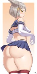 Rule 34 | 1girl, absurdres, animal ears, arcedo, ass, bare shoulders, bike shorts, blush, breasts, cat ears, cosplay, elbow gloves, embarrassed, facial mark, from behind, gloves, grey hair, highres, huge ass, kantai collection, looking at viewer, miniskirt, nia (xenoblade), shimakaze (kancolle), shimakaze (kancolle) (cosplay), shiny skin, short hair, sideboob, skirt, solo, thick thighs, thighhighs, thighs, thong, xenoblade chronicles (series), xenoblade chronicles 2, yellow eyes