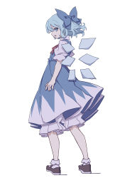 Rule 34 | 1girl, absurdres, black footwear, bloomers, blue bow, blue dress, blue eyes, blue hair, bow, cirno, detached wings, dress, fairy, full body, hair between eyes, hair bow, highres, ice, ice wings, kame (kamepan44231), one-hour drawing challenge, open mouth, puffy short sleeves, puffy sleeves, shoes, short hair, short sleeves, simple background, socks, solo, touhou, underwear, white background, white bloomers, white socks, wings