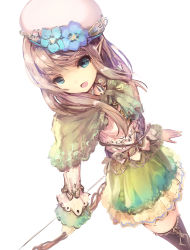 Rule 34 | 1girl, :d, black thighhighs, blue eyes, blue flower, bow (weapon), brown hair, capelet, elf, flower, green capelet, green skirt, hat, hat flower, highres, holding, holding bow (weapon), holding weapon, long hair, long sleeves, looking at viewer, missile228, open mouth, original, pointy ears, shirt, simple background, skirt, smile, solo, thighhighs, tilted headwear, weapon, white background, white hat, white shirt, wide sleeves