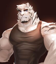 Rule 34 | 1boy, animal ears, arknights, bara, black tank top, blue eyes, facial hair, furry, furry male, goatee, highres, large pectorals, looking at viewer, male focus, mountain (arknights), muscular, muscular male, pectoral cleavage, pectorals, raised eyebrow, short hair, solo, tank top, thick eyebrows, tiger boy, tiger ears, tigre (raytig12), upper body, white hair