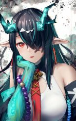 Rule 34 | 1girl, absurdres, aqua hair, arknights, bare shoulders, beads, black hair, breasts, colored skin, detached sleeves, dragon horns, dusk (arknights), earrings, green skin, hair over one eye, hand on own cheek, hand on own face, highres, horns, jewelry, large breasts, long sleeves, looking at viewer, multicolored hair, necktie, open mouth, pointy ears, red eyes, red necktie, signature, solo, streaked hair, two-tone hair, upper body, welt (kinsei koutenkyoku)
