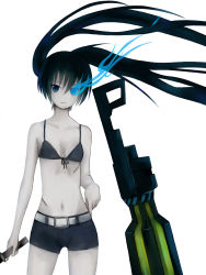 Rule 34 | 10s, 1girl, arm cannon, black hair, black rock shooter, black rock shooter (character), blue eyes, female focus, glowing, glowing eyes, gun, highres, kuma panda, long hair, navel, scar, simple background, solo, standing, stitches, swimsuit, sword, twintails, weapon