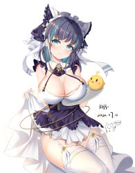 Rule 34 | 1girl, animal ears, apron, aqua eyes, aqua hair, azur lane, bad id, bad pixiv id, black hair, blush, breasts, chair, cheshire (azur lane), cleavage, closed mouth, commentary request, detached sleeves, dress, earrings, garter straps, highres, jewelry, large breasts, lifting own clothes, looking at viewer, maid, maid headdress, manjuu (azur lane), miaogujun, multicolored hair, puffy sleeves, purple apron, ribbon, simple background, sitting, solo, streaked hair, thighhighs, white background, white dress, white thighhighs, wrist cuffs