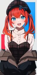 Rule 34 | 1girl, absurdres, beret, blue eyes, blush, bow, buttons, collared shirt, commentary, hair between eyes, hat, highres, jacket, jacket partially removed, kazenoko, long sleeves, looking at viewer, multicolored hair, open mouth, original, plaid, red hair, shirt, smile, solo, streaked hair, teeth, twintails, two-tone hair, upper body, upper teeth only, zipper