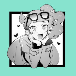 Rule 34 | 1girl, aqua border, blush, border, breasts, coat, creatures (company), eyewear on head, game freak, greyscale, hair ornament, hands on own cheeks, hands on own face, heart, heart hair ornament, highres, long hair, long sleeves, looking at viewer, monochrome, nintendo, no-kan, open mouth, pokemon, pokemon swsh, side ponytail, smile, solo, sonia (pokemon), swept bangs, trench coat, white background