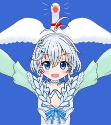Rule 34 | .live, 1girl, animal, animal hair ornament, arms up, bird, blue background, blue dress, blue eyes, blush, bow, breasts, cat hair ornament, chii (pixiv2956609), choker, cleavage, collarbone, crossover, dress, flower, goose, goose (untitled goose game), hair flower, hair ornament, heart, heart hair ornament, highres, long sleeves, looking at viewer, medium breasts, open mouth, short hair, silver hair, dennou shoujo siro, smile, standing, untitled goose game, upper body, virtual youtuber, wings