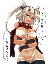 Rule 34 | 10s, 1girl, black thighhighs, blonde hair, blush, breasts, brown eyes, budget sarashi, cape, crotch ribbon, dark-skinned female, dark skin, glasses, hainakku, kantai collection, large breasts, musashi (kancolle), open mouth, personification, pointy hair, sarashi, short hair, solo, thighhighs, translated, twintails, two side up, white background