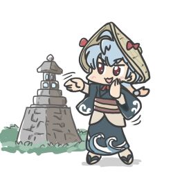 Rule 34 | 1girl, alternate costume, blue hair, blue kimono, ferret-san, full body, gradient hair, hat, japanese clothes, kantai collection, kimono, long hair, multicolored hair, red eyes, sado (kancolle), simple background, smile, solo, straw hat, tower, wave print, white background
