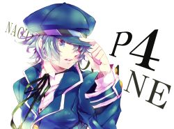 Rule 34 | 1girl, androgynous, atlus, blue eyes, blue hair, cabbie hat, collar, crossdressing, female focus, hand on headwear, hat, jacket, looking away, matching hair/eyes, open mouth, persona, persona 4, reverse trap, shirogane naoto, short hair, solo, yoshian