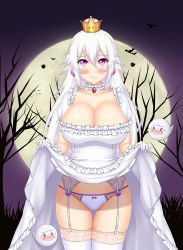 Rule 34 | &gt; &lt;, 1girl, bad id, bad pixiv id, bat (animal), blush, boo (mario), bow, bow panties, breasts, cleavage, clothes lift, collarbone, commentary, crown, dress, dress lift, earrings, english commentary, frilled dress, frilled gloves, frills, full moon, garter belt, gloves, gluteal fold, hair between eyes, highres, huge breasts, jewelry, keshigomu, lifting own clothes, long hair, looking at viewer, luigi&#039;s mansion, mario (series), moon, new super mario bros. u deluxe, night, nintendo, outdoors, panties, princess king boo, puffy short sleeves, puffy sleeves, purple eyes, short sleeves, skindentation, super crown, thigh gap, thighhighs, underwear, wavy mouth, white dress, white gloves, white hair, white thighhighs