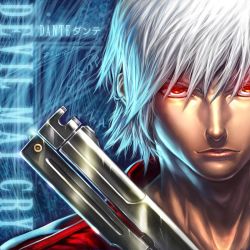 Rule 34 | 1boy, blue background, capcom, character name, chrisnfy85, copyright name, dante (devil may cry), devil may cry (series), gun, male focus, parody, perfect dark zero, red eyes, silver hair, solo, weapon